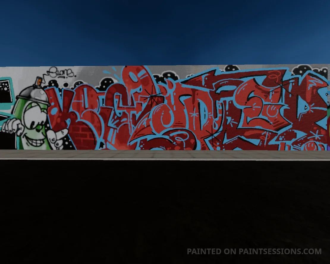 Online graffiti collaboration with red lettering, cyan details, and a green paint-can character