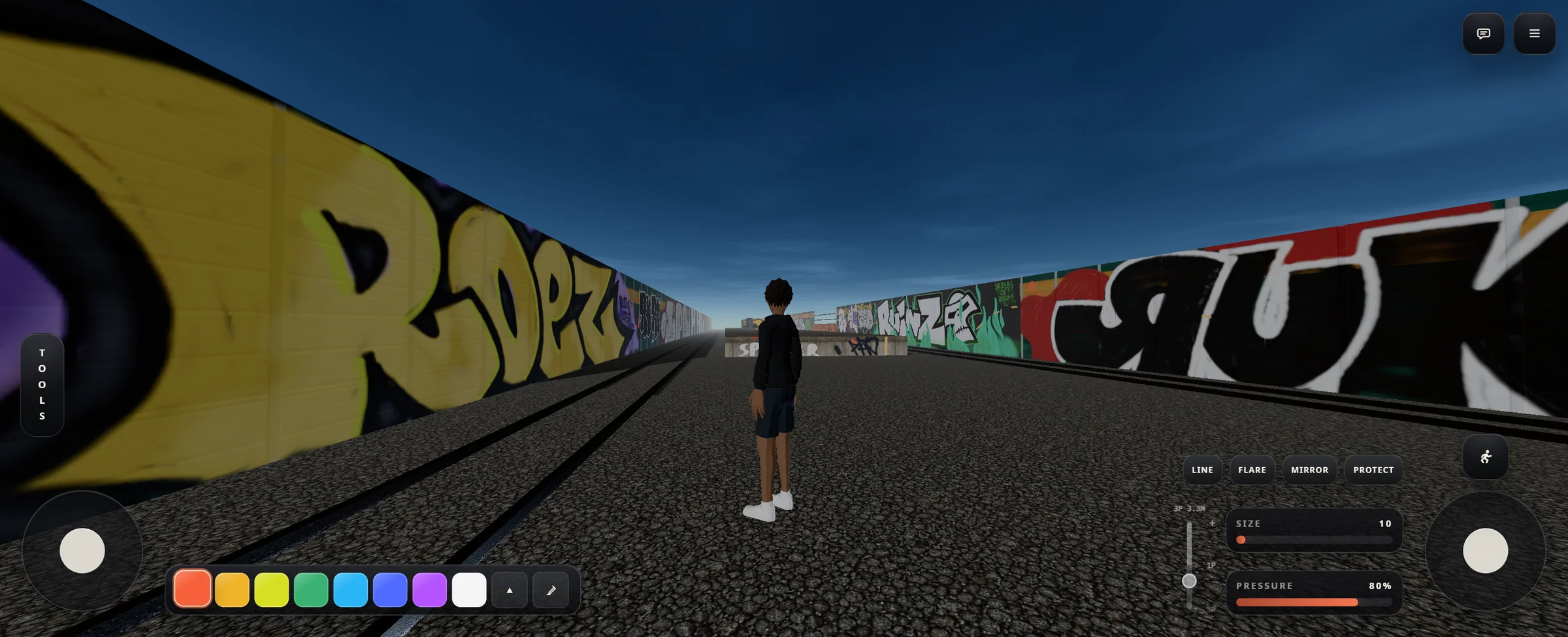PAINTSESSIONS.COM running in tablet mode with touch controls in a graffiti-covered rail yard