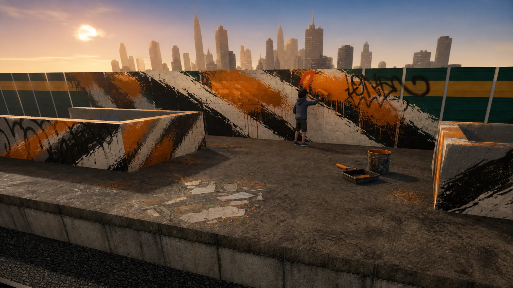 Layered abstract paint strokes on a virtual concrete wall