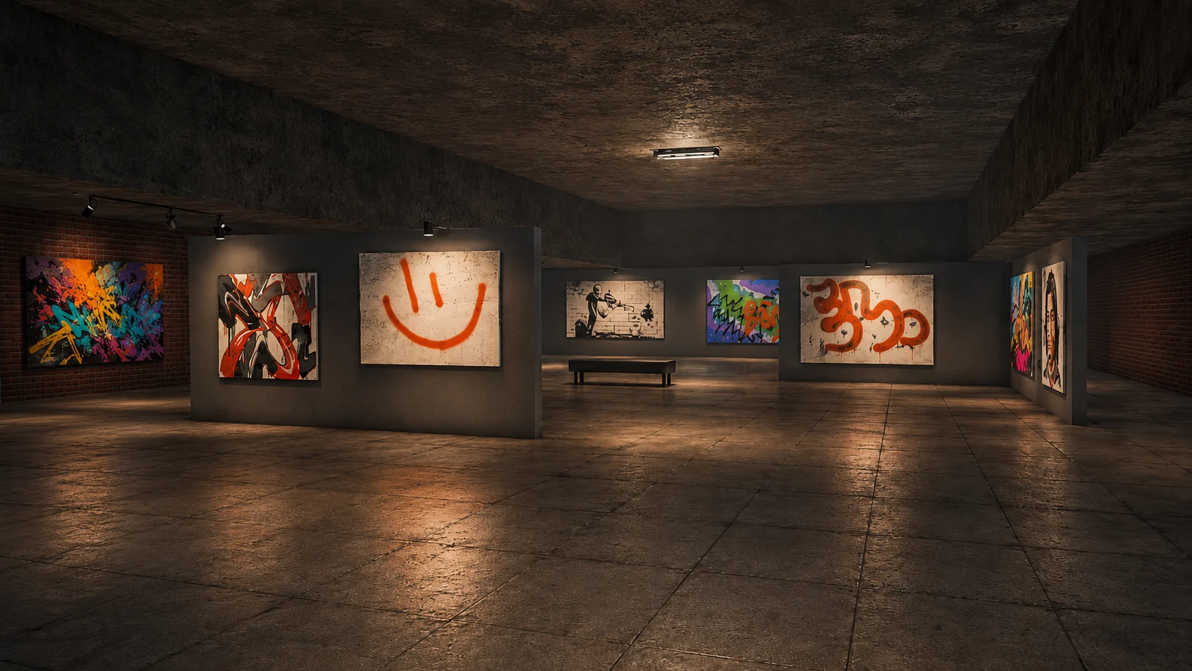 A painted wall presented as a finished artwork in a virtual gallery