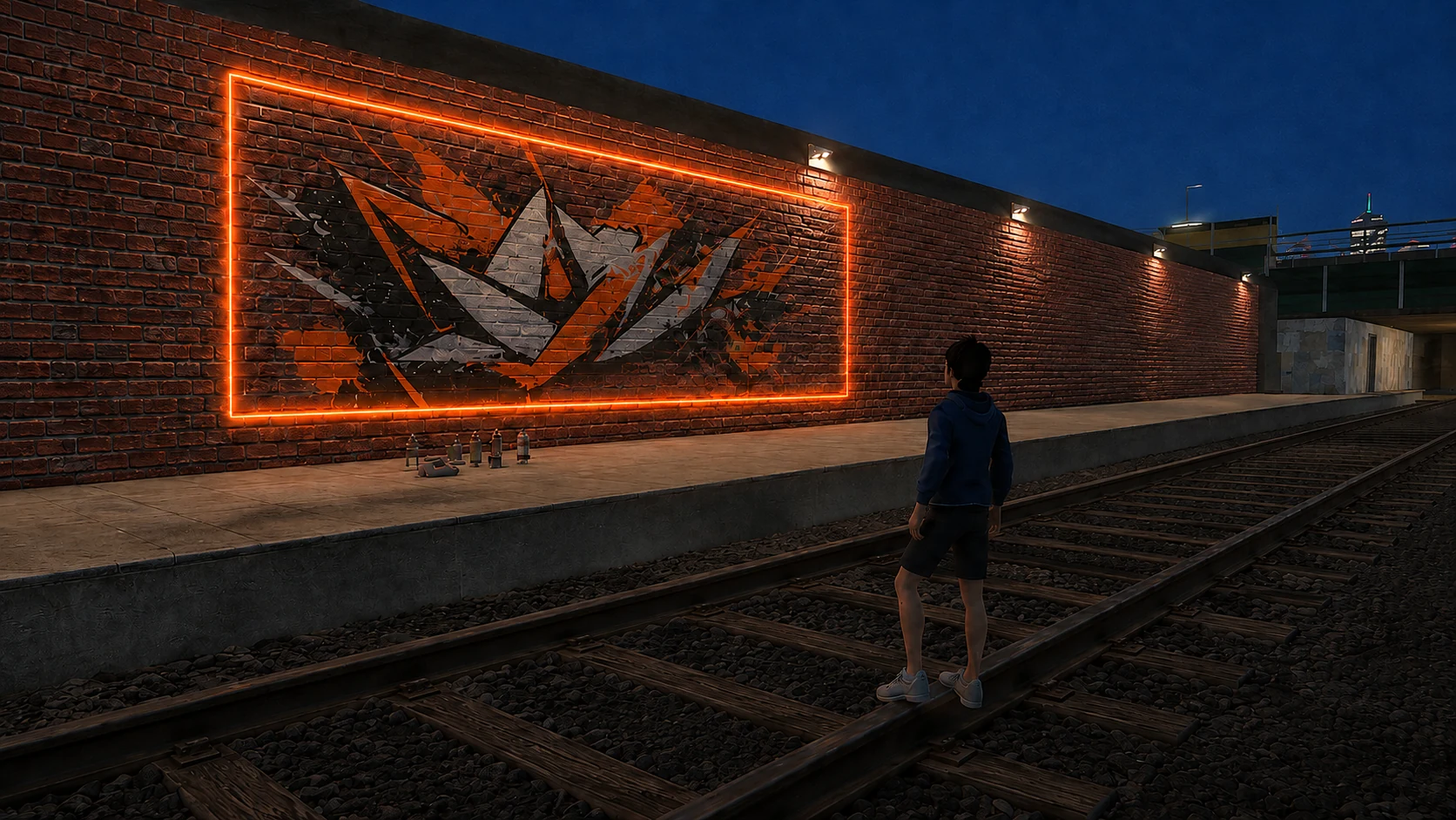 A supporter artist standing in front of a protected painted wall area in a dark virtual industrial space