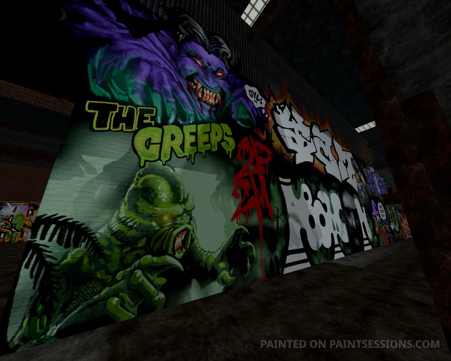 Purple creature and green monster murals beside bold white lettering