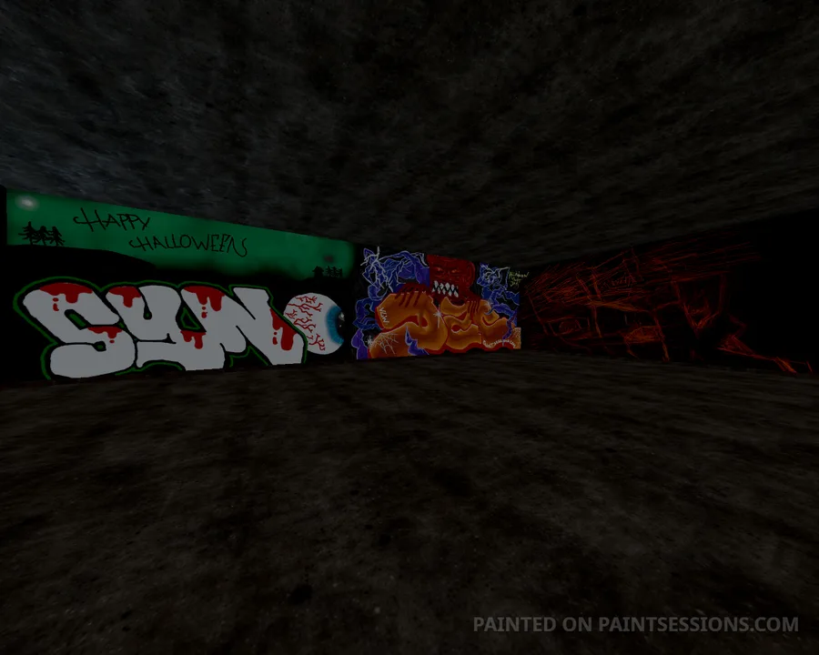 Green Halloween banner above white, orange, and red graffiti