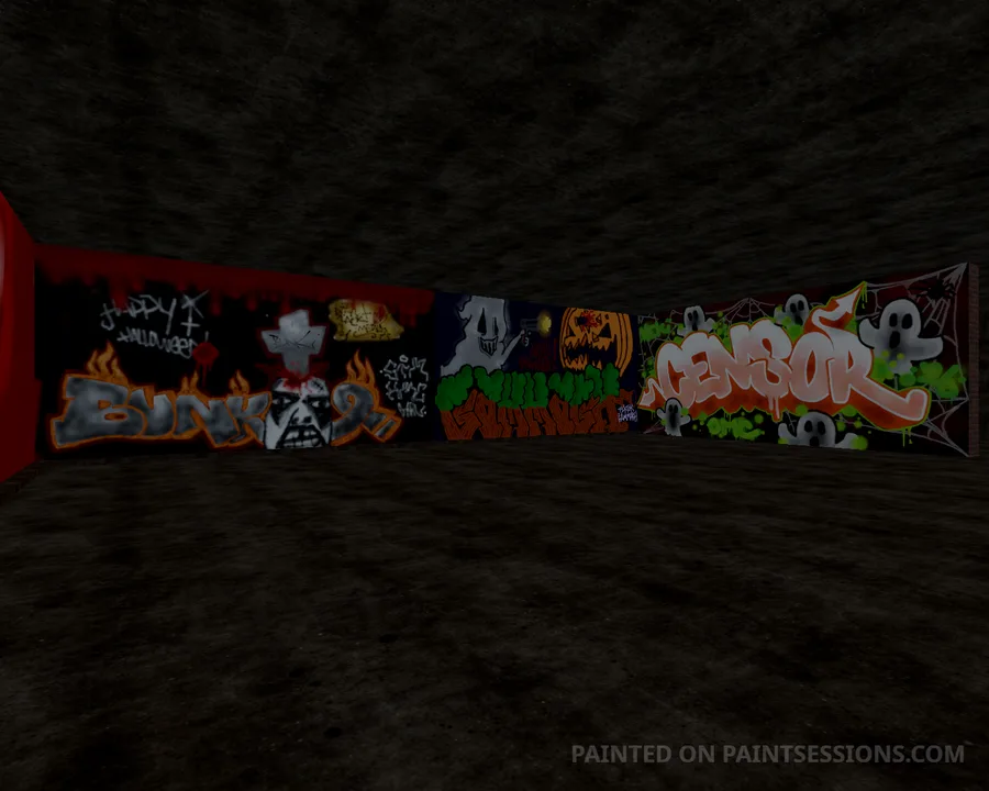 A long collaborative wall of orange and green Halloween pieces