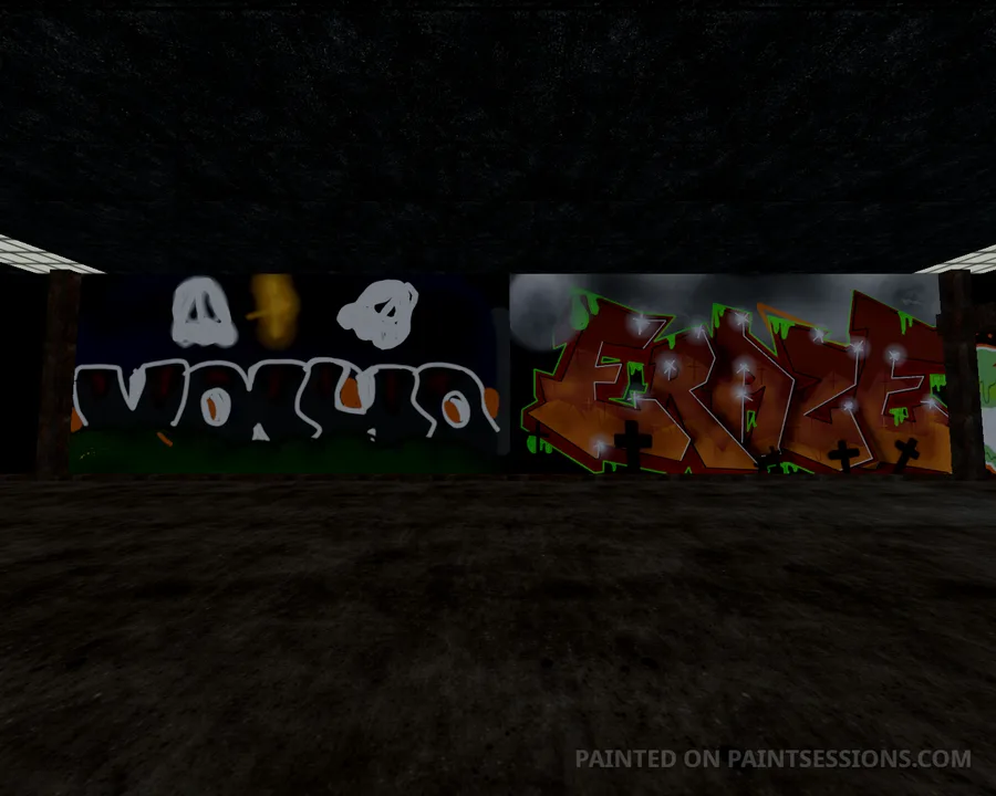White ghosts above rounded lettering beside an orange piece