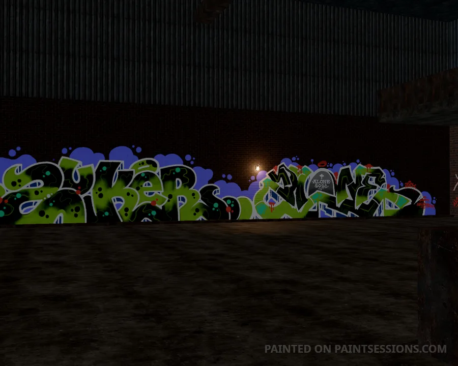 Green and purple graffiti across the upstairs Factory wall