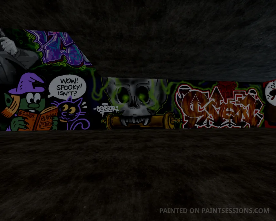 Cartoon monsters and colorful lettering across a long Factory wall