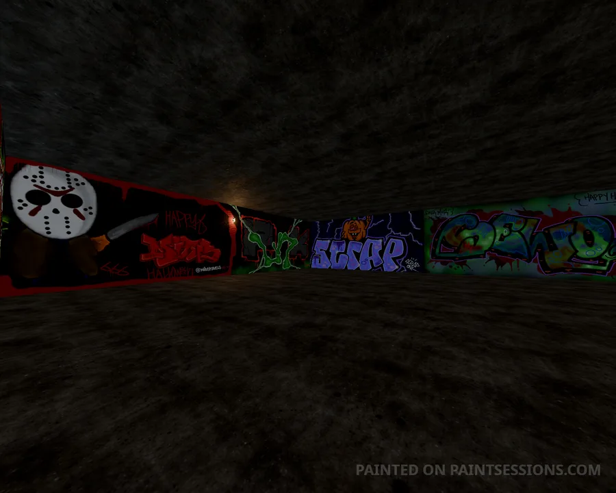 Hockey-mask portrait beside red, blue, and green graffiti pieces
