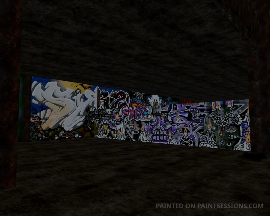 Silver and purple graffiti across the Factory wall
