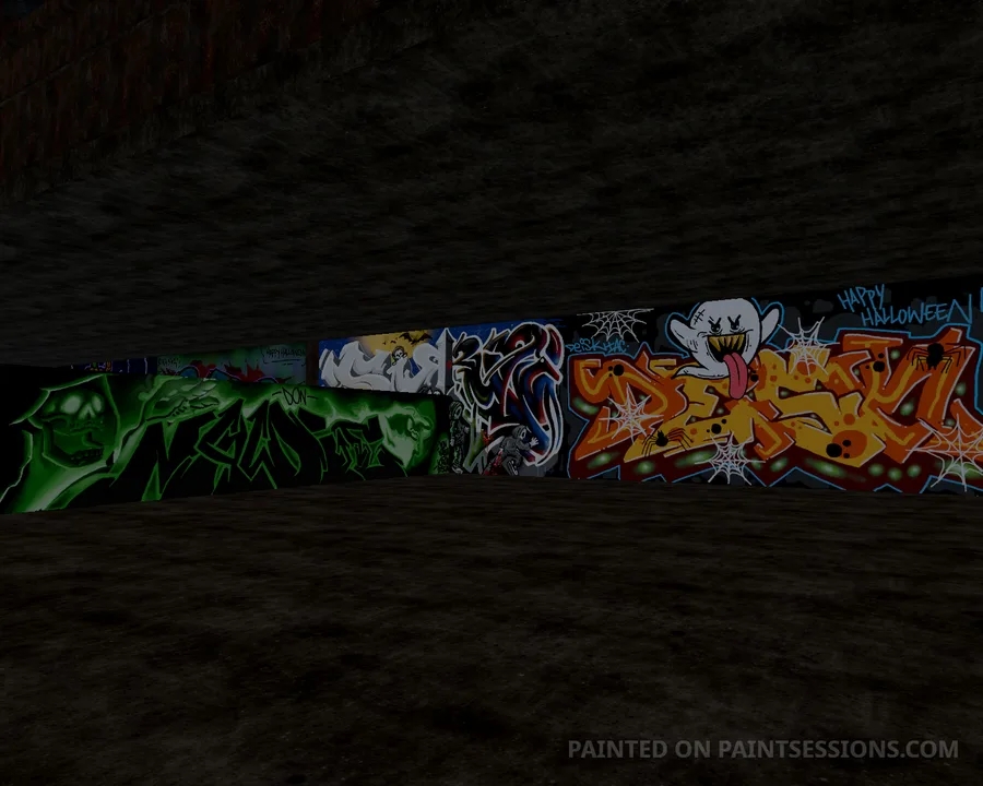 Green creature and orange lettering along the lower wall