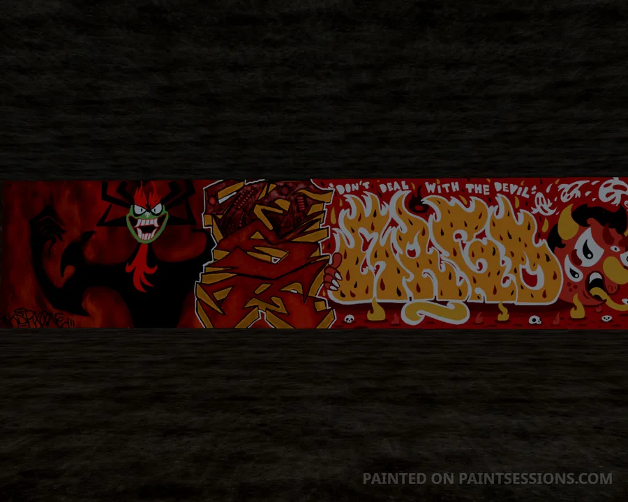Red devil character and fiery orange lettering