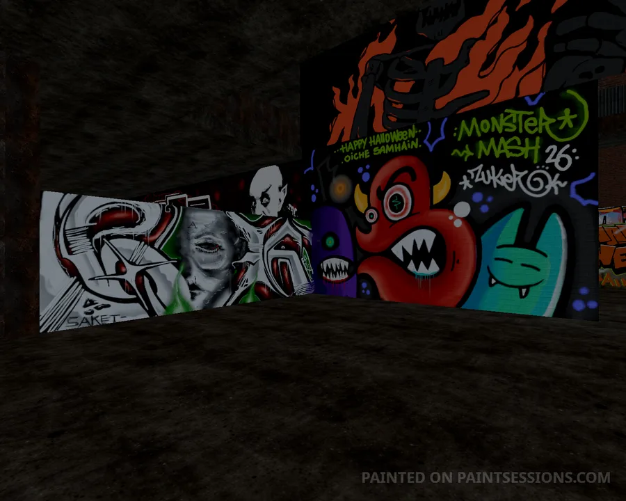 Black-and-white portrait beside a colorful Monster Mash mural