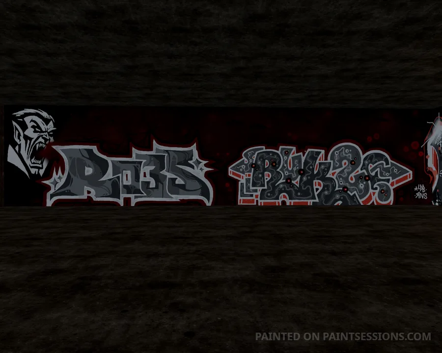 Silver and gray graffiti on a dark red background