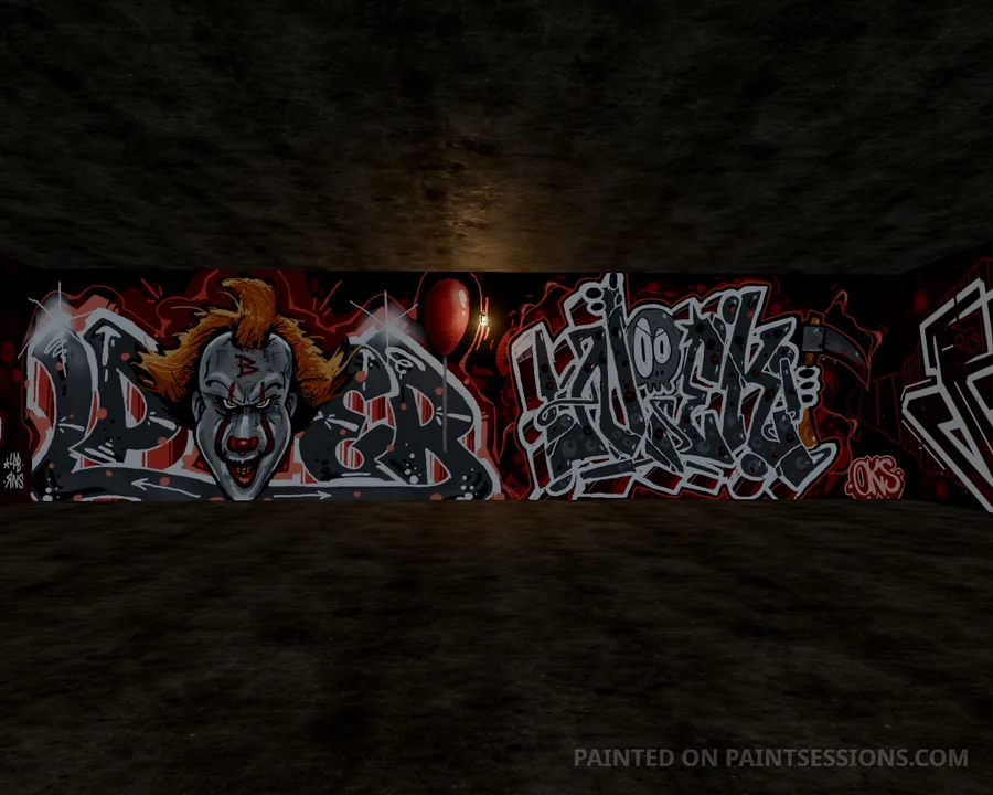 Horned monster portrait between layered graffiti pieces
