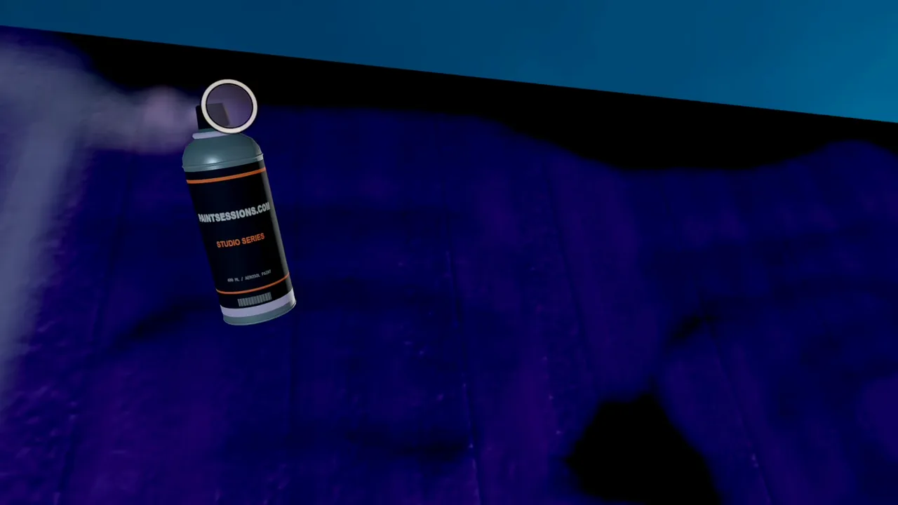 A PAINTSESSIONS.COM spray can drawing white outlines on a purple wall in VR